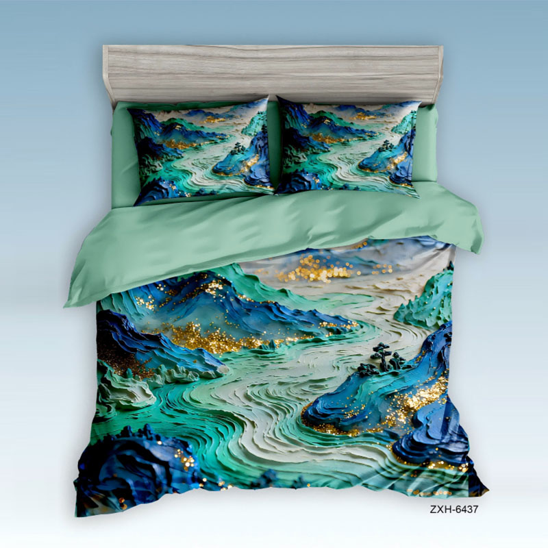 ‌5D Oil-Painting Effect Bedding Set - Mountain & Sea with Golden Sparkles