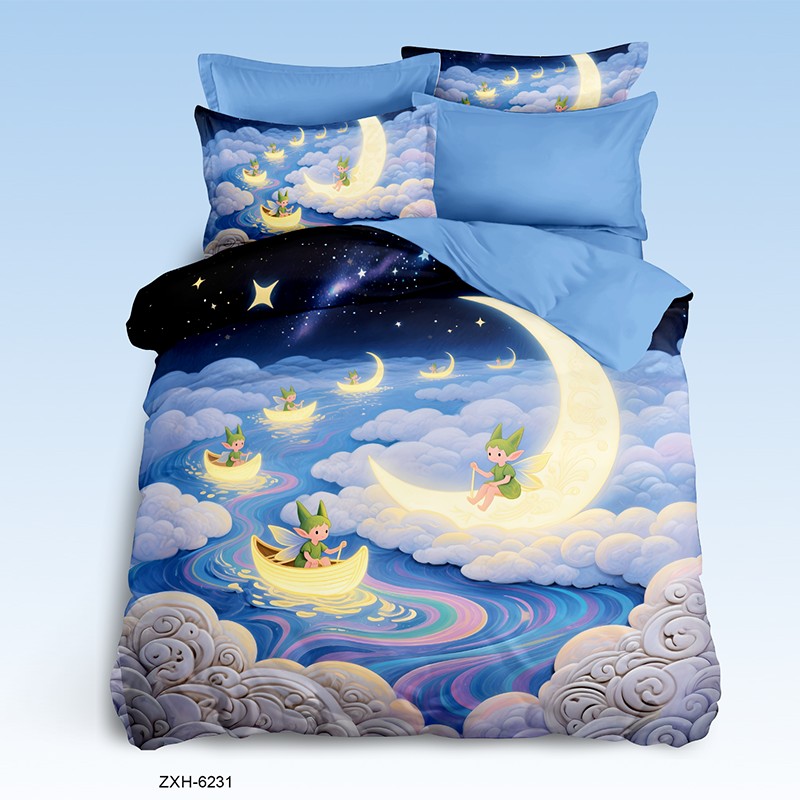 Cartoon 5D Digital Printed Bed Sheet Set with Fairies on Moon Boats in a Starry Sky