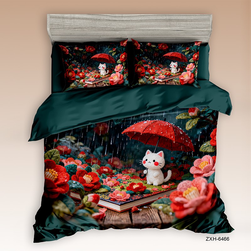 Cartoon 5D Digital Printed Bed Sheet Set with a Rainy Day Kitten Under Red Umbrella