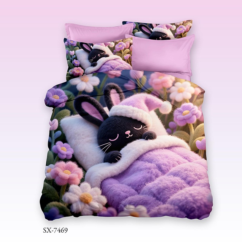 Cartoon 5D Digital Printed Bed Sheet Set with a Sleeping Black Bunny in a Flower Field