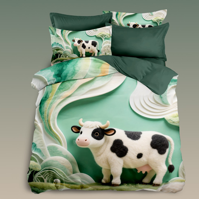 Cartoon 5D Digital Printed Bed Set with Adorable Cow Design in Soft Green and White for a Playful Bedroom Vibe