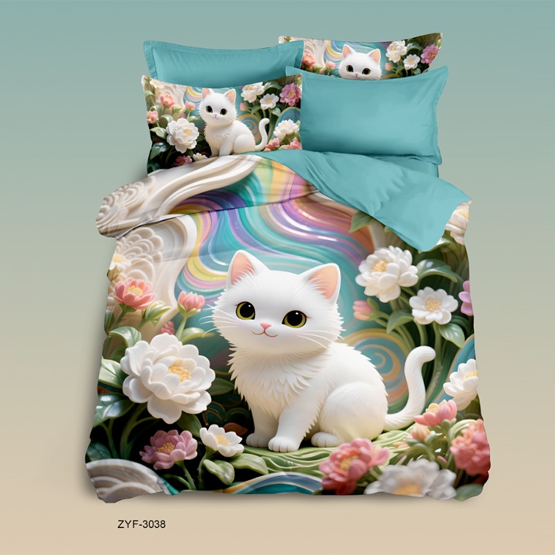 Cartoon 5D Digital Printed Bed Sheet Set with a White Kitten in a Colorful Flower Garden