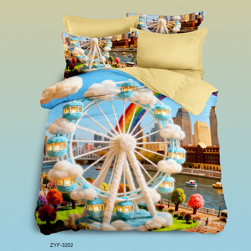 Cartoon 5D Digital Printed Bed Sheet Set with a Ferris Wheel in a Cityscape