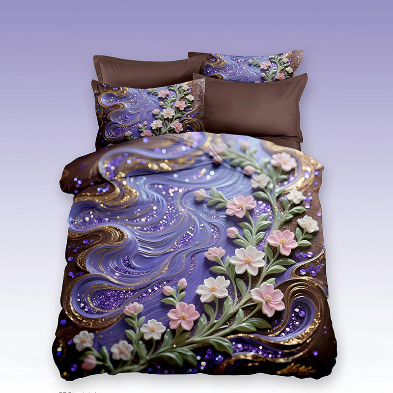 ‌5D Floral Digital Print Bedding Set - ‌Floral & Swirl