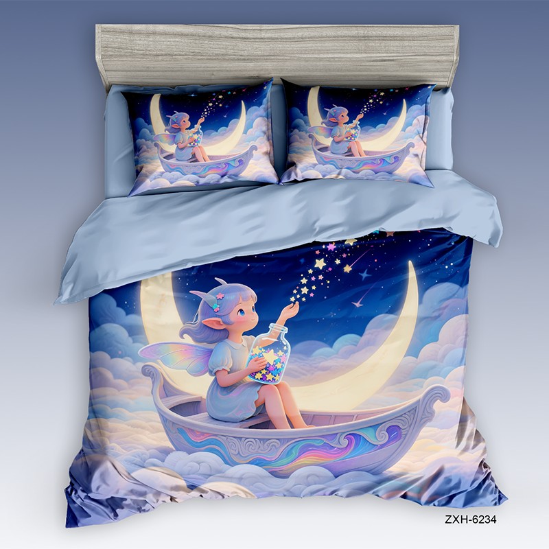 Cartoon 5D Digital Printed Bed Sheet Set with a Magical Fairy on a Moon Boat