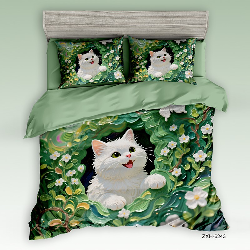 Cartoon 5D Digital Printed Bed Sheet Set with a Happy White Cat in a Green Garden