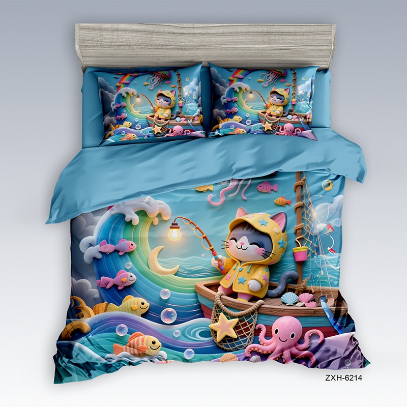 Cartoon 5D Digital Printed Bed Sheet Set with a Fishing Cat in a Moon Boat