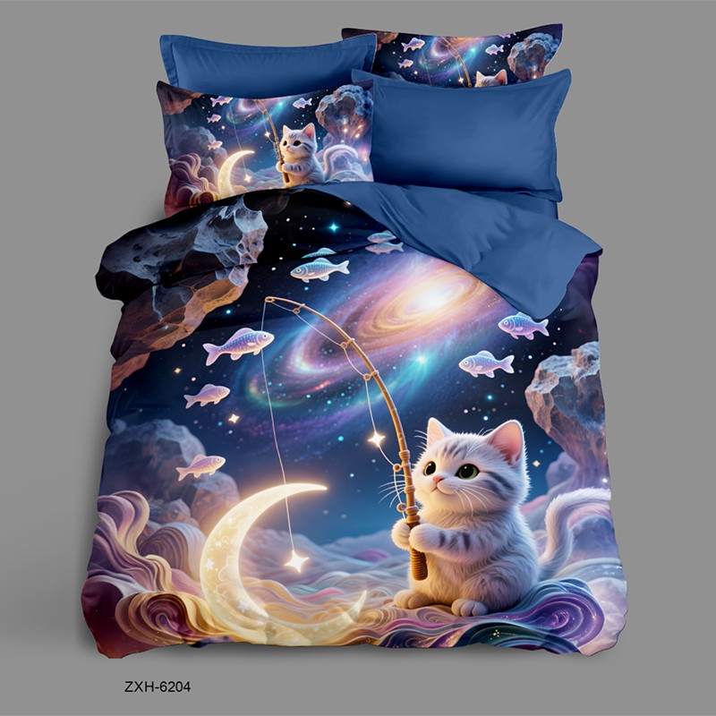 Cartoon 5D Digital Printed Bed Sheet Set with a Cosmic Kitten Fishing in Space