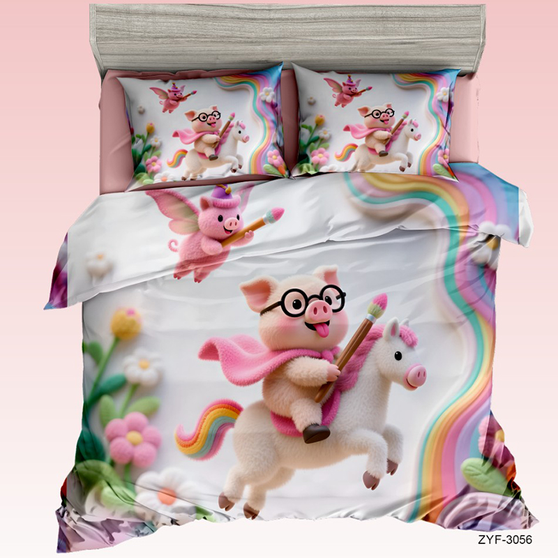 Cartoon 5D Digital Printed Bed Set with Pig on a Rainbow Unicorn Design