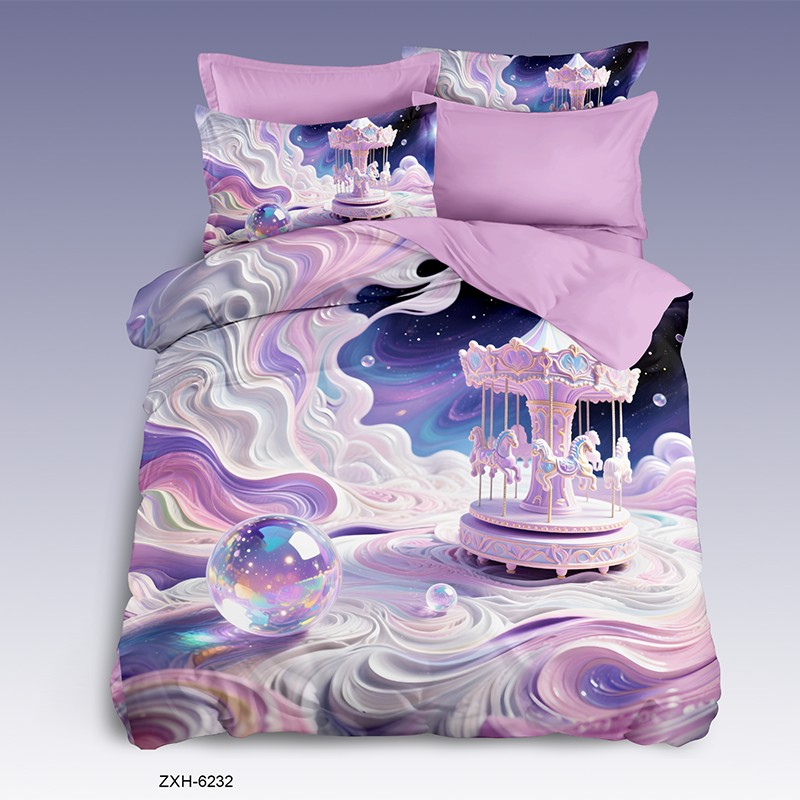 Cartoon 5D Digital Printed Bed Sheet Set with a Magical Carousel in a Dreamy Sky