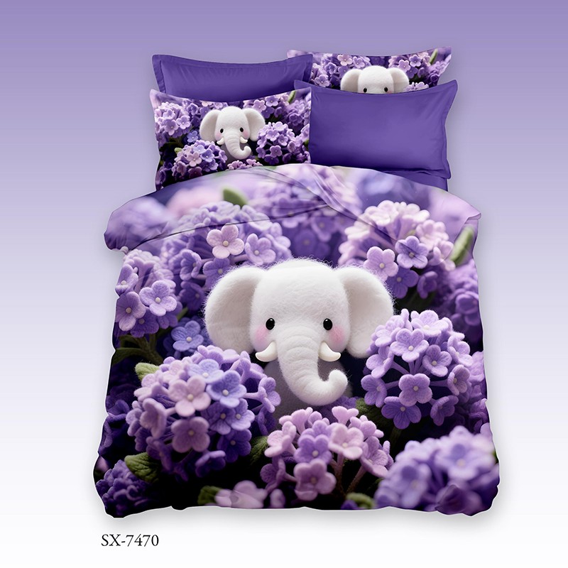 Cartoon 5D Digital Printed Bed Sheet Set with a Baby Elephant in a Field of Purple Flowers