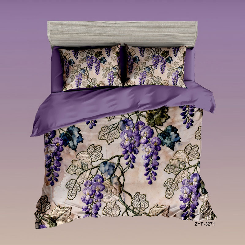 5D Floral Embroidery-Effect Digital Print Bedding Set-Wisteria