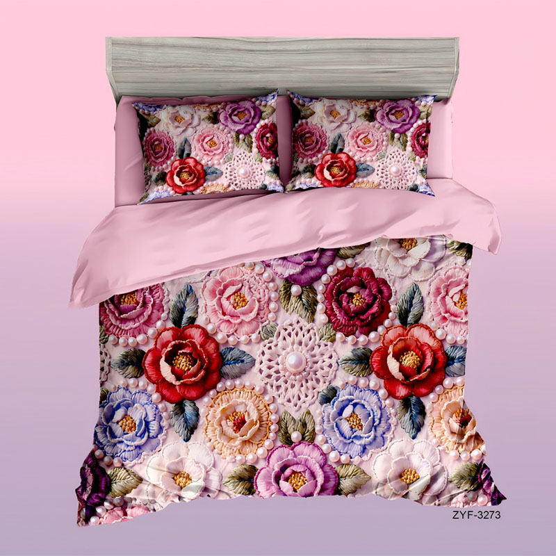 5D Floral Embroidery-Effect Digital Print Bedding Set-Peonies