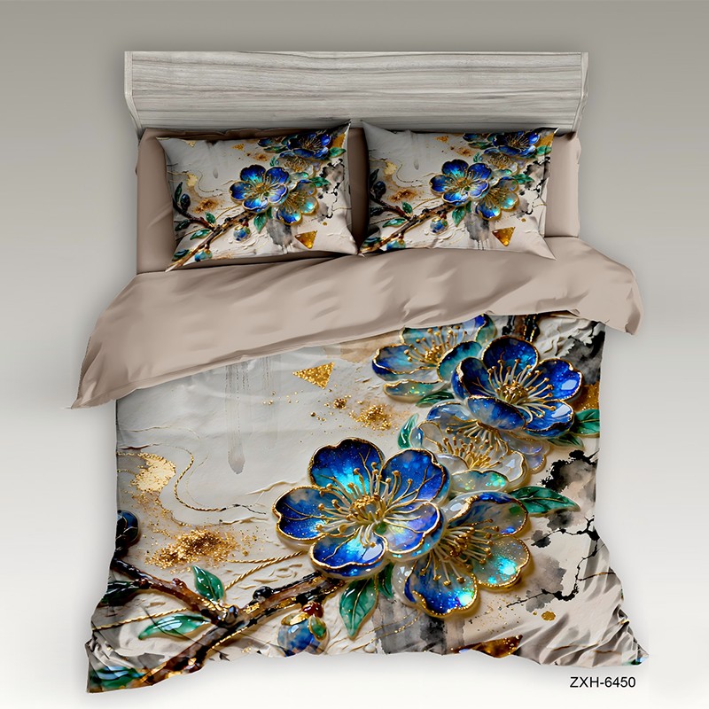 ‌5D Oil-Painting Effect Digital Print Bedding Set - ‌Blue Plum Blossom