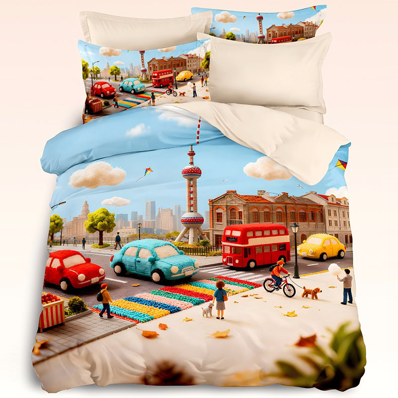 5D Cartoon Digital Printed Bed Sheet Set-‌Whimsical Shanghai Cityscape