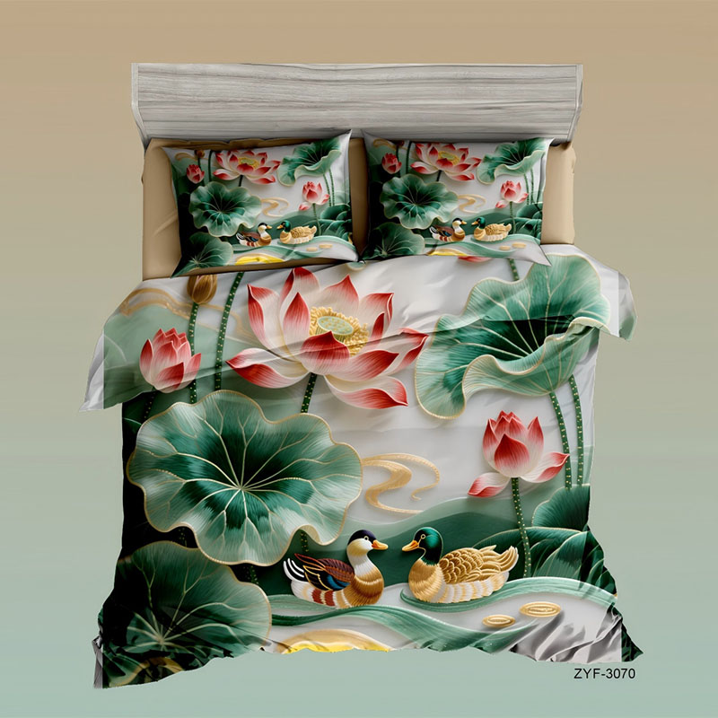 5D Floral Digital Print Bedding Set - ‌Lotus & Mandarin Ducks