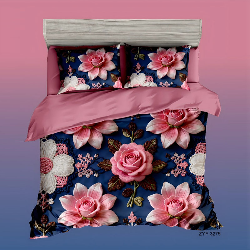 5D Floral Embroidery-Effect Digital Print Bedding Set-‌Rose