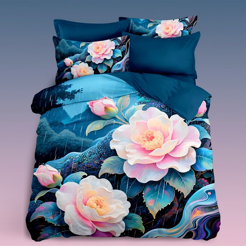 ‌5D Digital Print Bedding Set - ‌Misty Rain Camellia