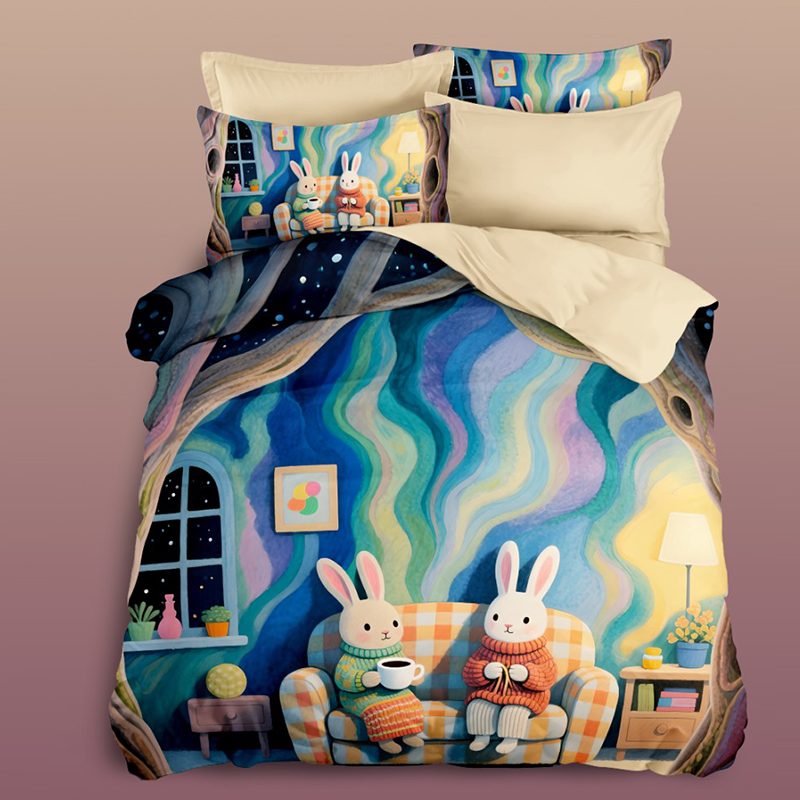 Cartoon 5D Digital Printed Bed Set with Cozy Bunny Couple Design in a Warm Living Room Setting for a Peaceful Bedroom