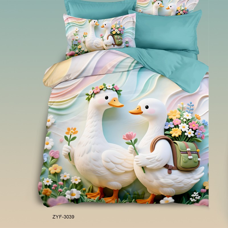 Cartoon 5D Digital Printed Bed Sheet Set with Romantic Swans in a Floral Paradise