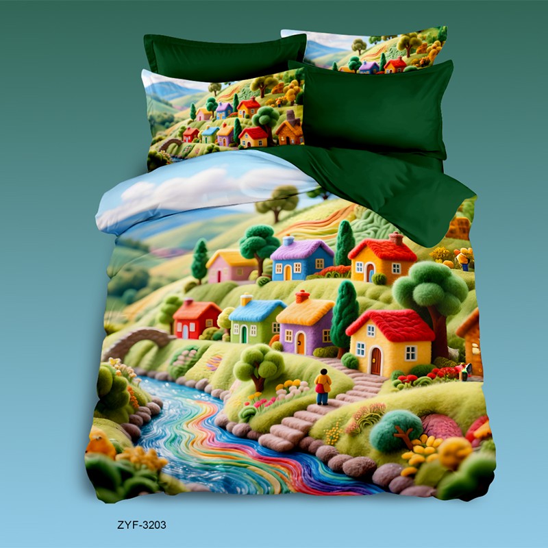 Cartoon 5D Digital Printed Bed Sheet Set with a Colorful Village on a Hill
