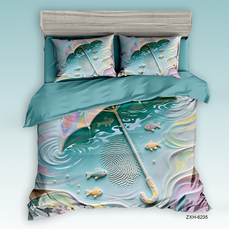 Cartoon 5D Digital Printed Bed Sheet Set with an Underwater Umbrella and Fish