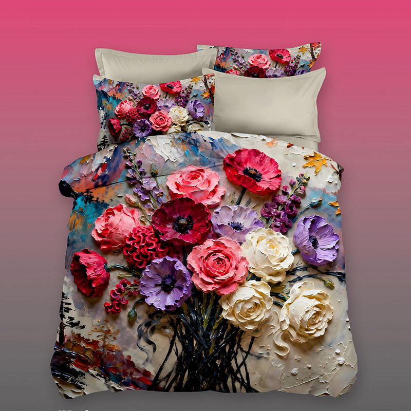 ‌5D Oil-Painting Effect Bedding Set - Vibrant Floral Masterpiece
