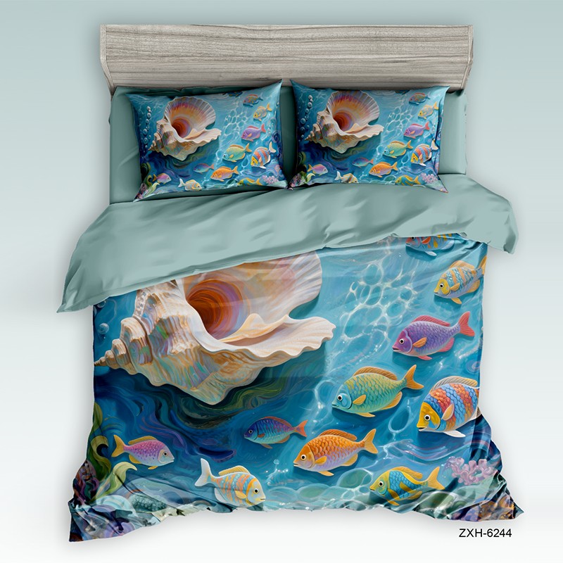 Cartoon 5D Digital Printed Bed Sheet Set with Vibrant Underwater Sea Life
