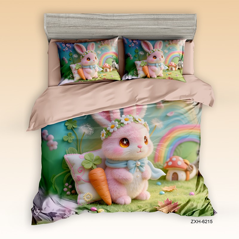 Cartoon 5D Digital Printed Bed Sheet Set with a Cute Pink Bunny in a Garden