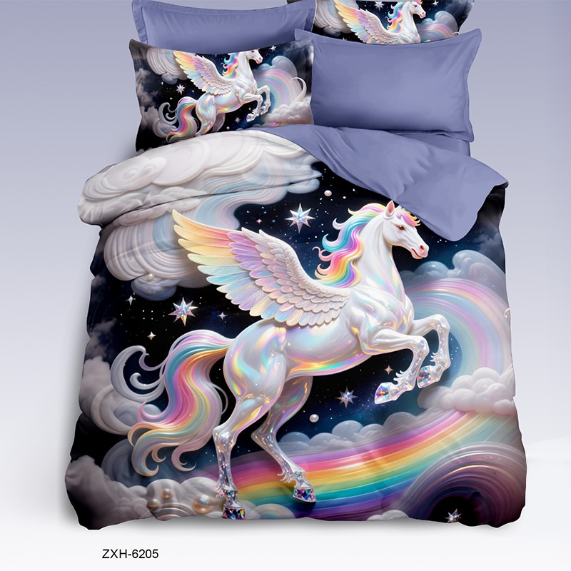 Cartoon 5D Digital Printed Bed Sheet Set with a Majestic Rainbow Pegasus in Starry Sky