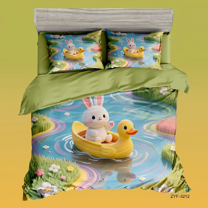5D Cartoon Digital Printed Bed Sheet Set-Rabbit & Duck Boat