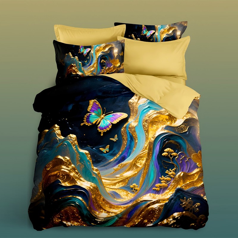 ‌5D Digital Print Bedding Set - ‌Butterfly & Gold Art