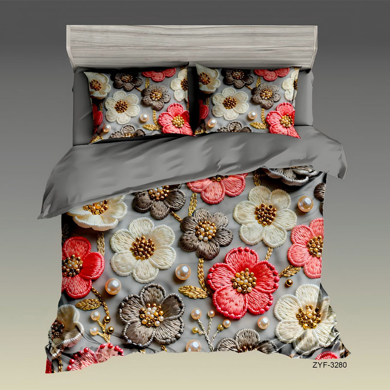 5D Floral Embroidery-Effect Digital Print Bedding Set-‌Flowers & Pearls