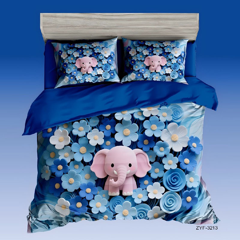 5D Cartoon Digital Printed Bed Sheet Set-Pink Elephant & Blue Floral