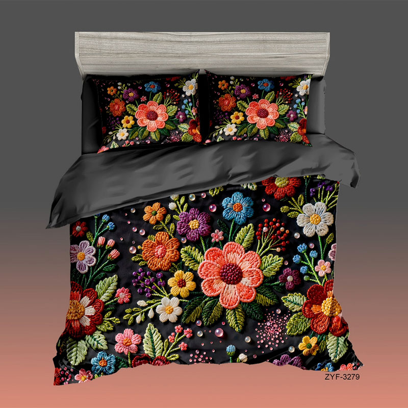 5D Floral Embroidery-Effect Digital Print Bedding Set-‌Dark Night Flowers