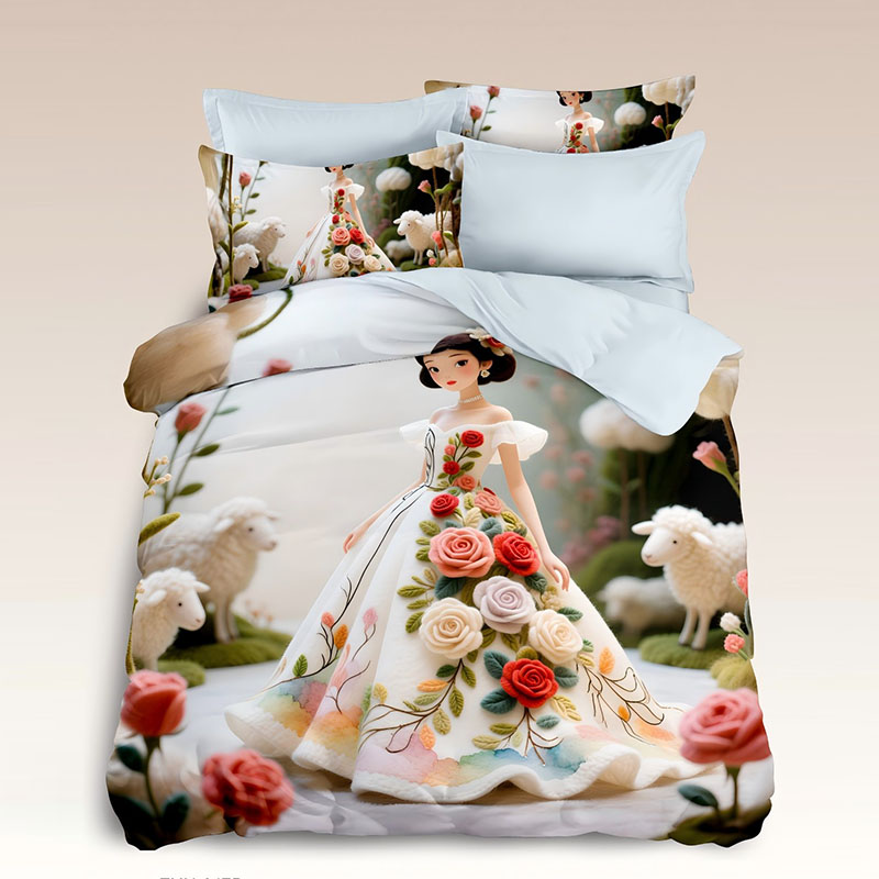 5D Cartoon Digital Printed Bed Sheet Set-Floral Princess