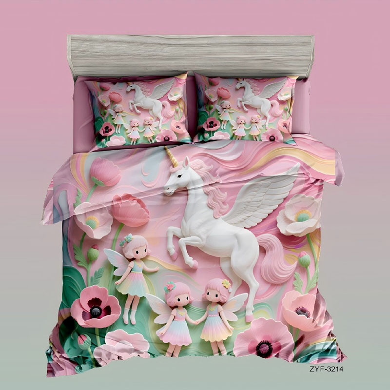 5D Cartoon Digital Printed Bed Sheet Set-‌Unicorn & Flower Fairy