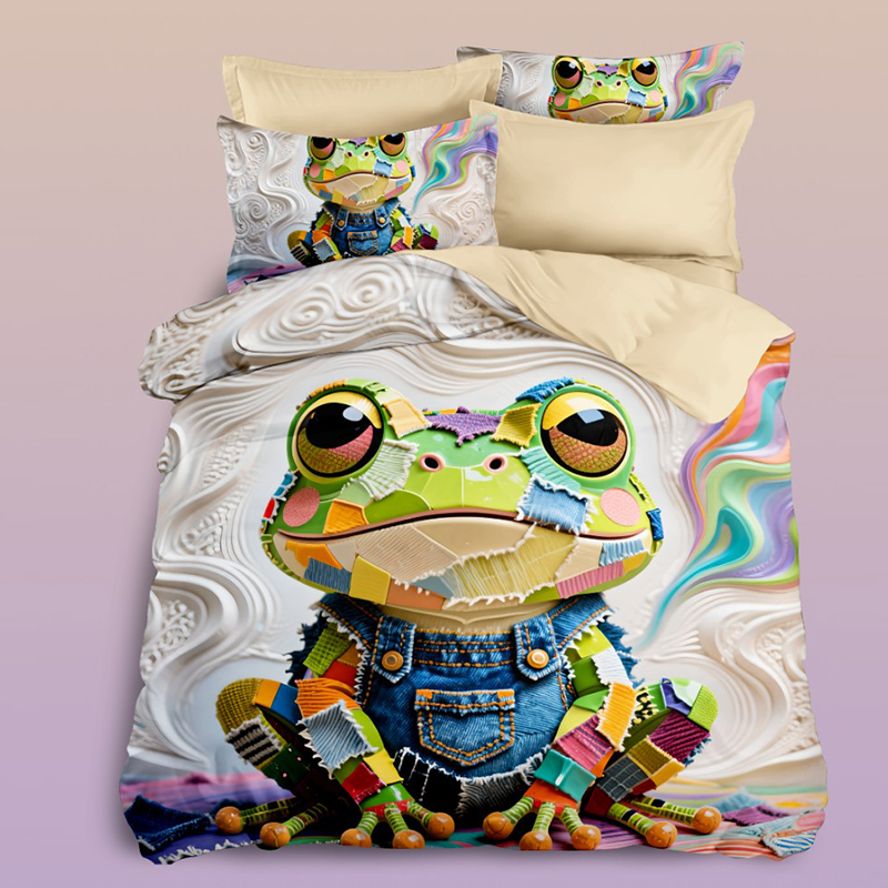 Cartoon 5D Digital Printed Bed Set with Colorful Frog Design in Bright and Playful Shades for a Fun Bedroom Theme