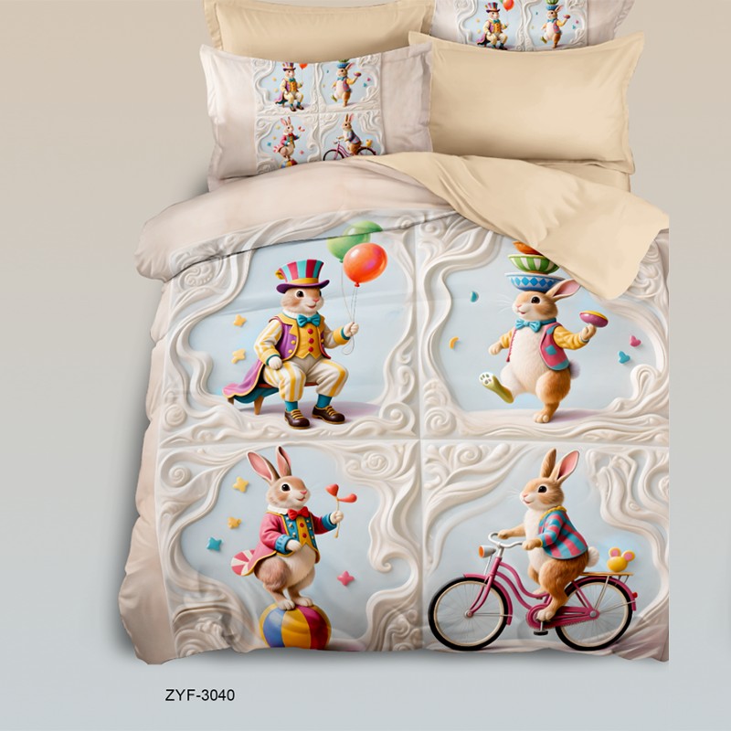 Cartoon 5D Digital Printed Bed Sheet Set with Circus Rabbits in Vintage Frames