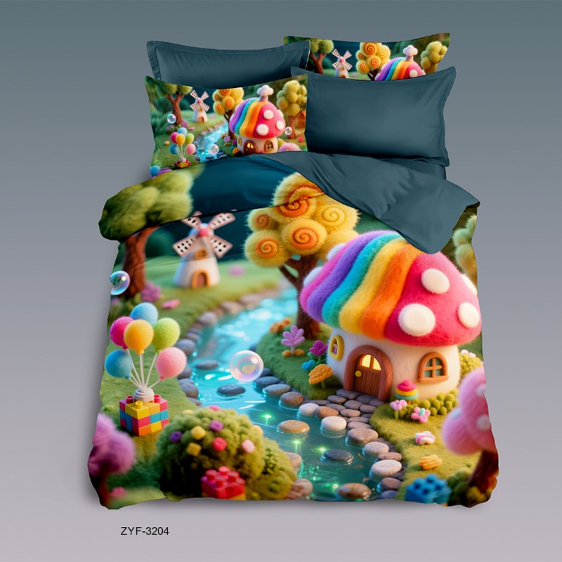 Cartoon 5D Digital Printed Bed Sheet Set with a Mushroom House in a Fantasy Forest