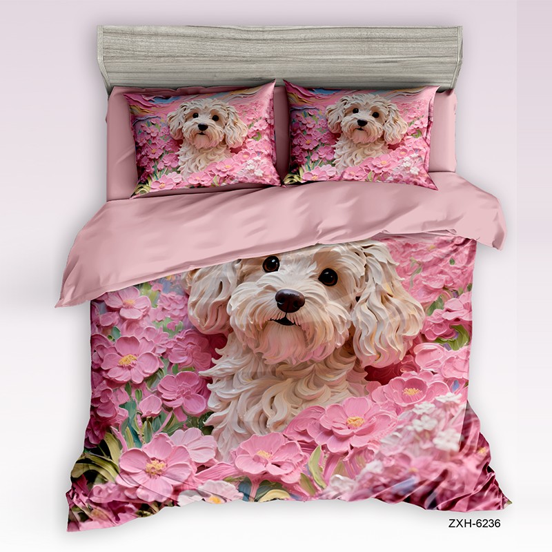 Cartoon 5D Digital Printed Bed Sheet Set with a Fluffy White Dog in Pink Flowers
