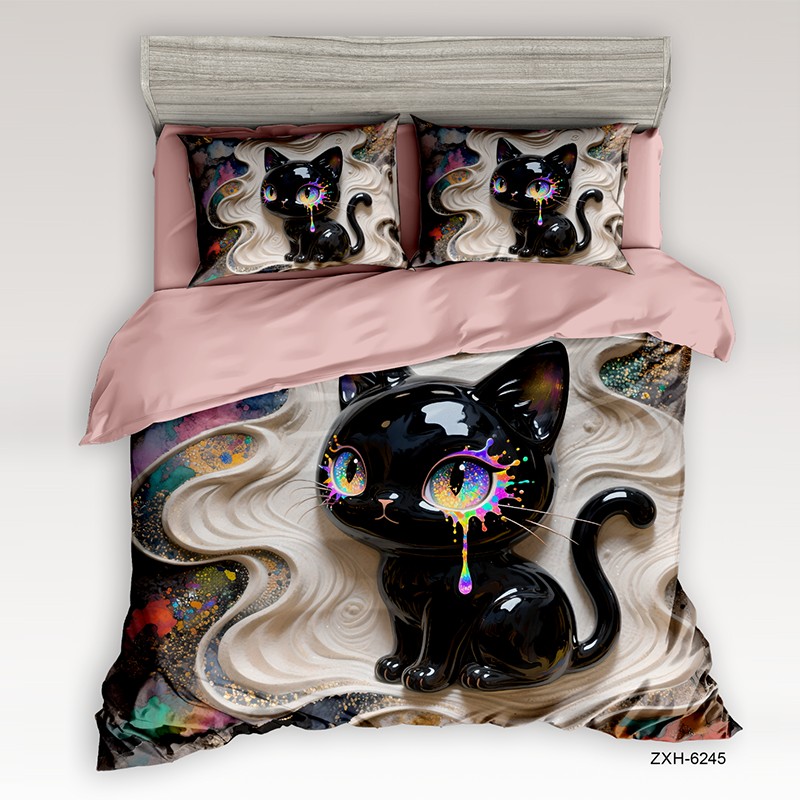 Cartoon 5D Digital Printed Bed Sheet Set with a Glossy Black Cat and Rainbow Tears