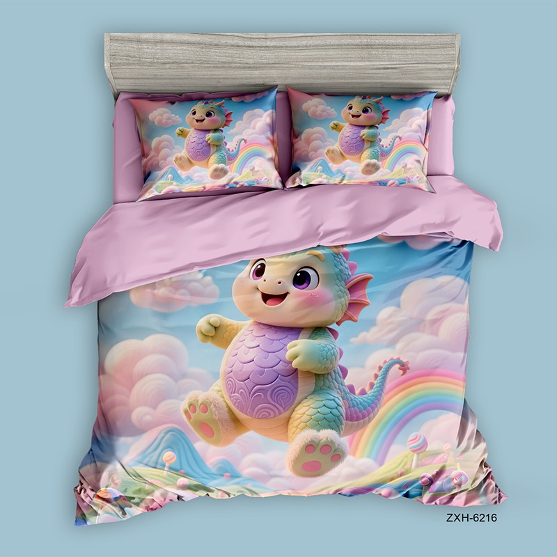 Cartoon 5D Digital Printed Bed Sheet Set with a Cute Dragon and Rainbow