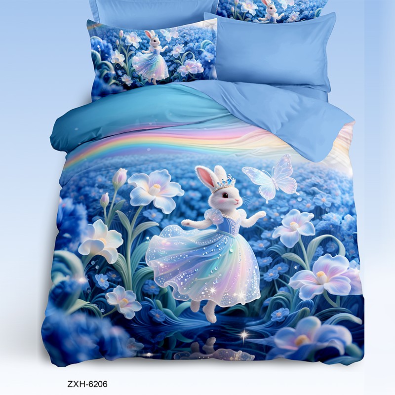 Cartoon 5D Digital Printed Bed Sheet Set with a Princess Bunny in Enchanted Flower Garden