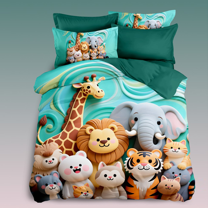 Cartoon 5D Digital Printed Bed Set Featuring Cute Animal Collection with Vibrant Colors for a Cheerful Bedroom Atmosphere