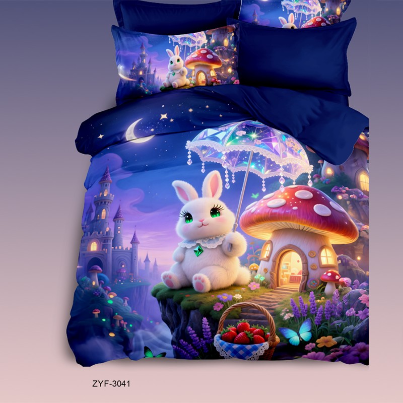 Cartoon 5D Digital Printed Bed Sheet Set with a Magical Bunny in an Enchanted Mushroom Village