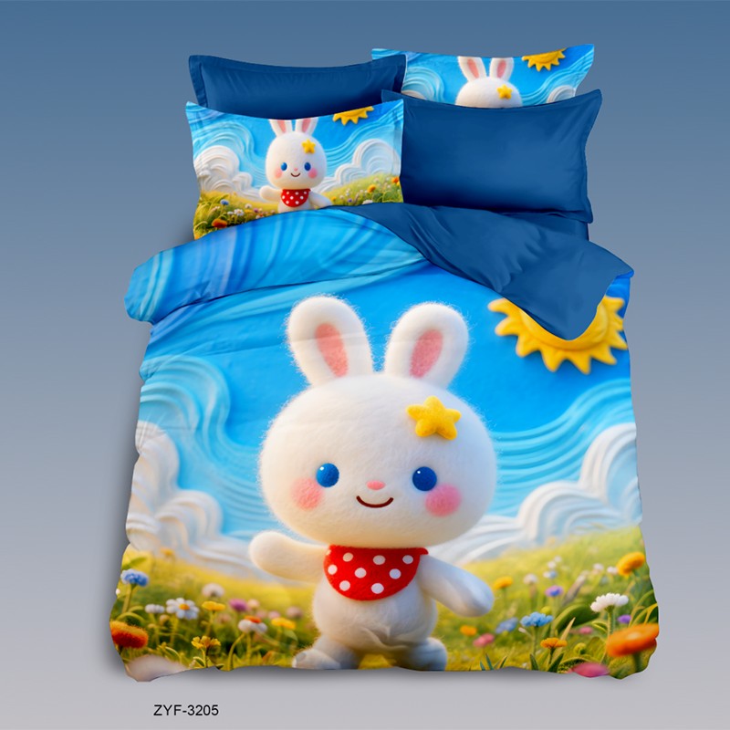 Cartoon 5D Digital Printed Bed Sheet Set with a Cute Bunny in a Flower Field