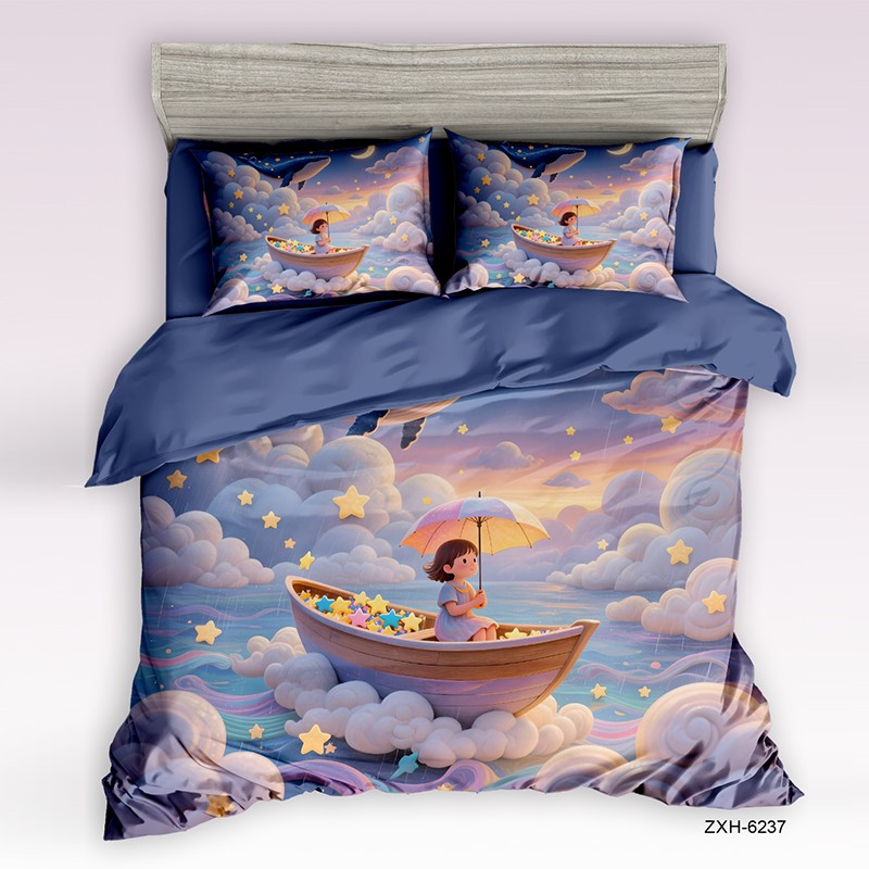 Cartoon 5D Digital Printed Bed Sheet Set with a Girl in a Boat Amidst Starry Clouds