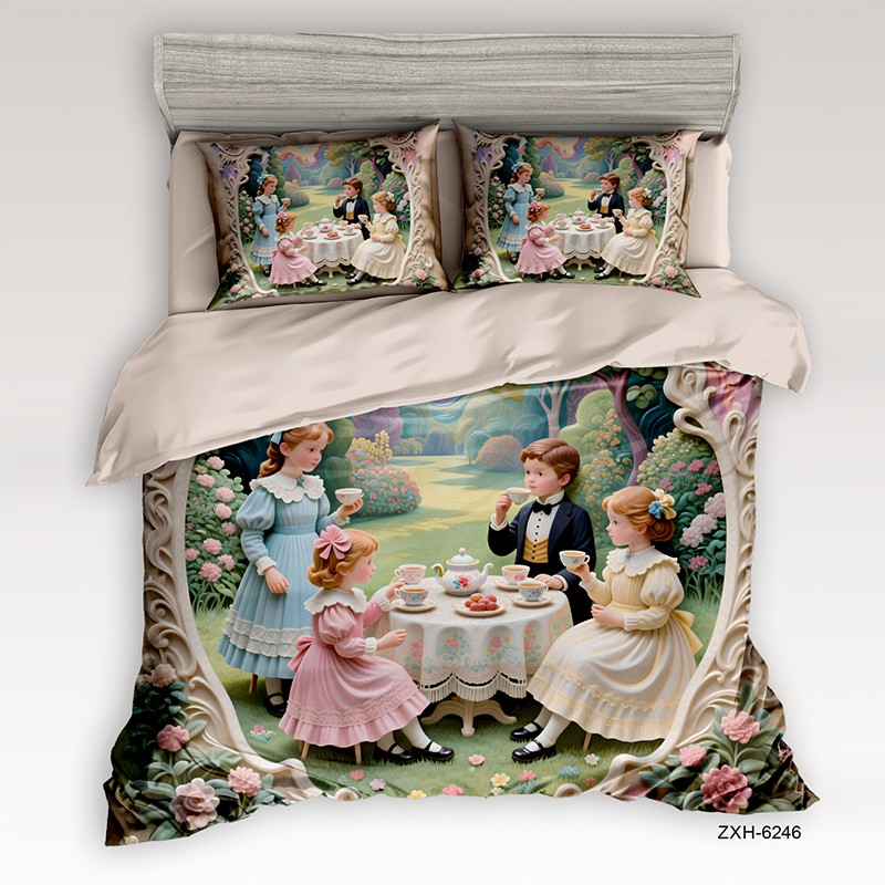 Cartoon 5D Digital Printed Bed Sheet Set with a Vintage Children's Tea Party in a Garden