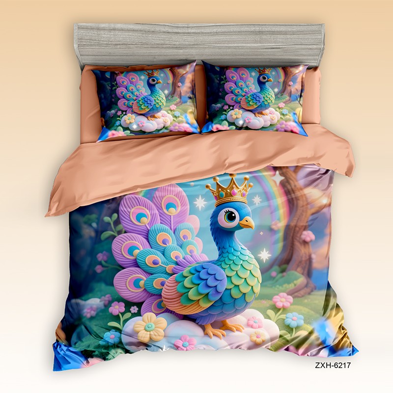 Cartoon 5D Digital Printed Bed Sheet Set with a Royal Peacock in a Magical Forest